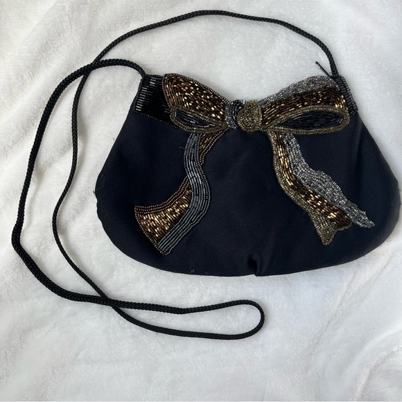 Vintage La Regale LTD Beaded Black Bow Zipper Purse holiday purse New Year's Eve - Picture 3 of 9